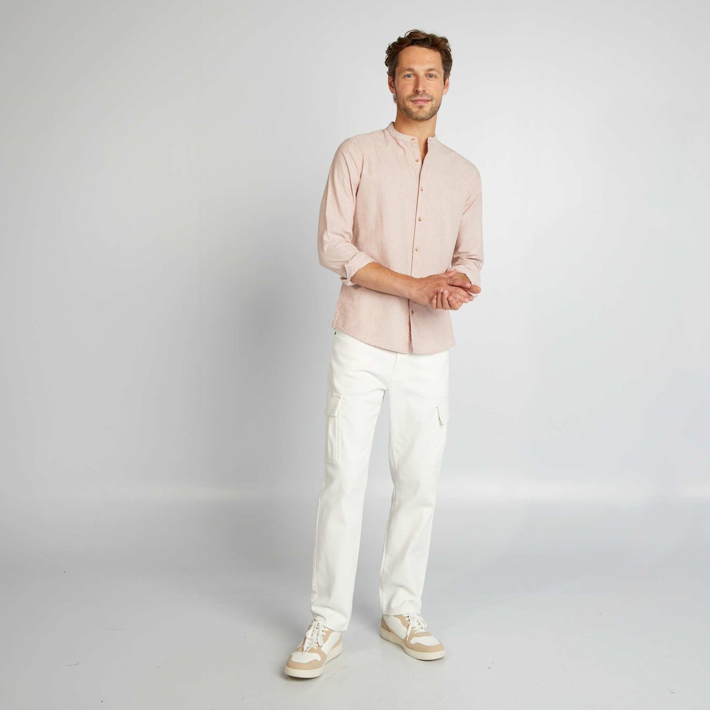 Striped shirt with mandarin collar BROWN