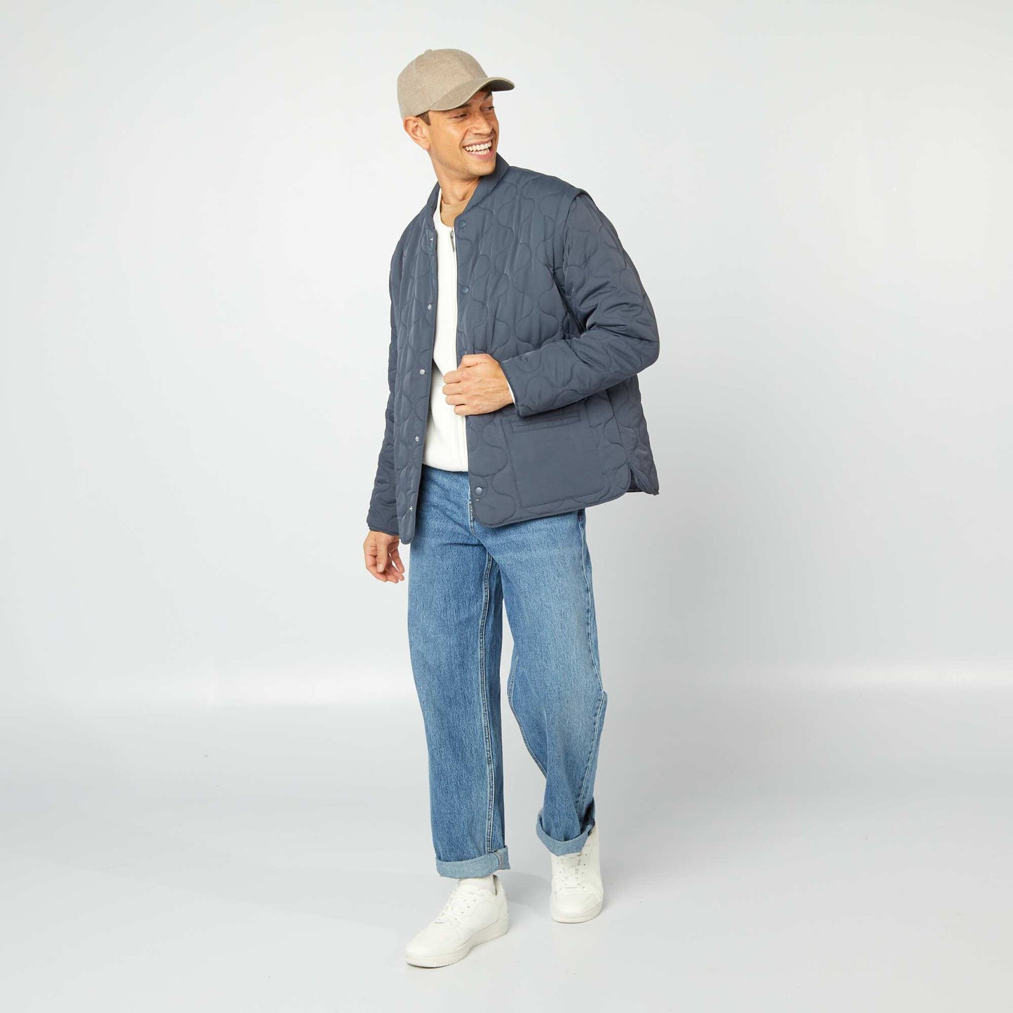 Quilted padded jacket with detachable sleeves BLUE