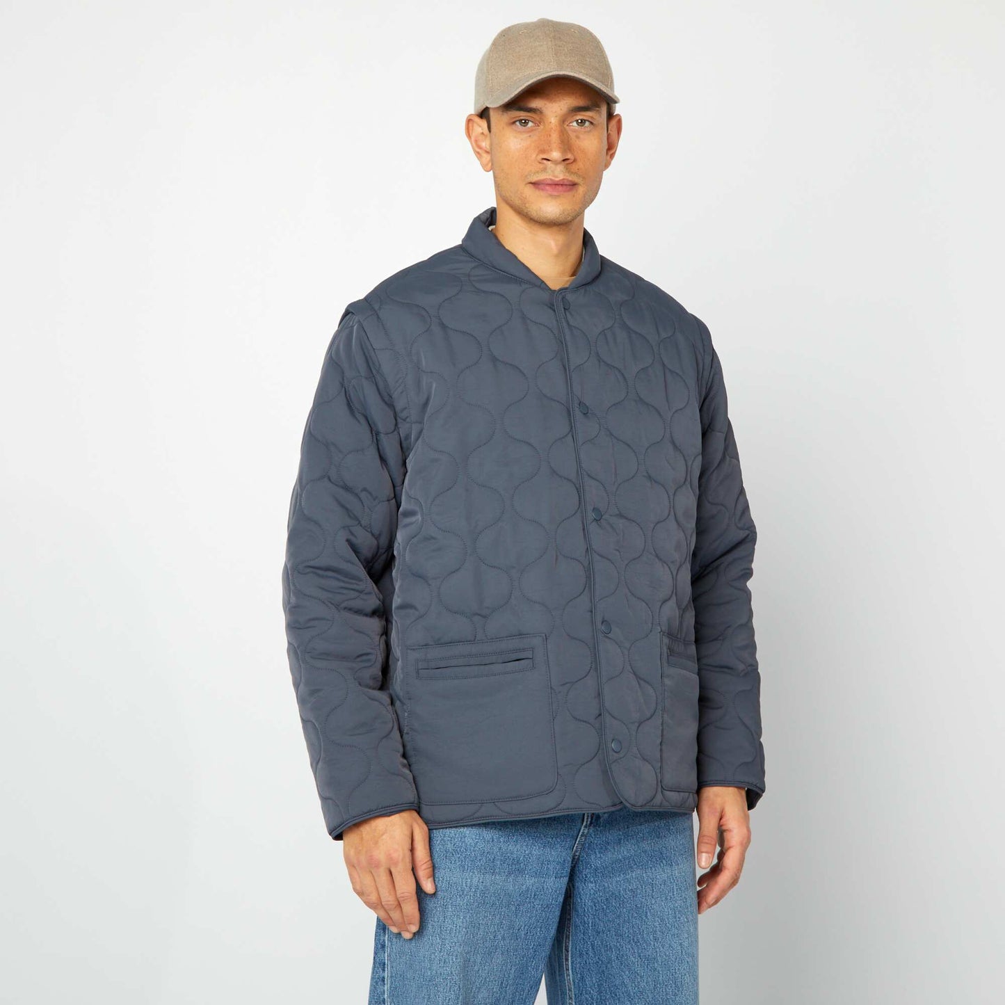 Quilted padded jacket with detachable sleeves BLUE