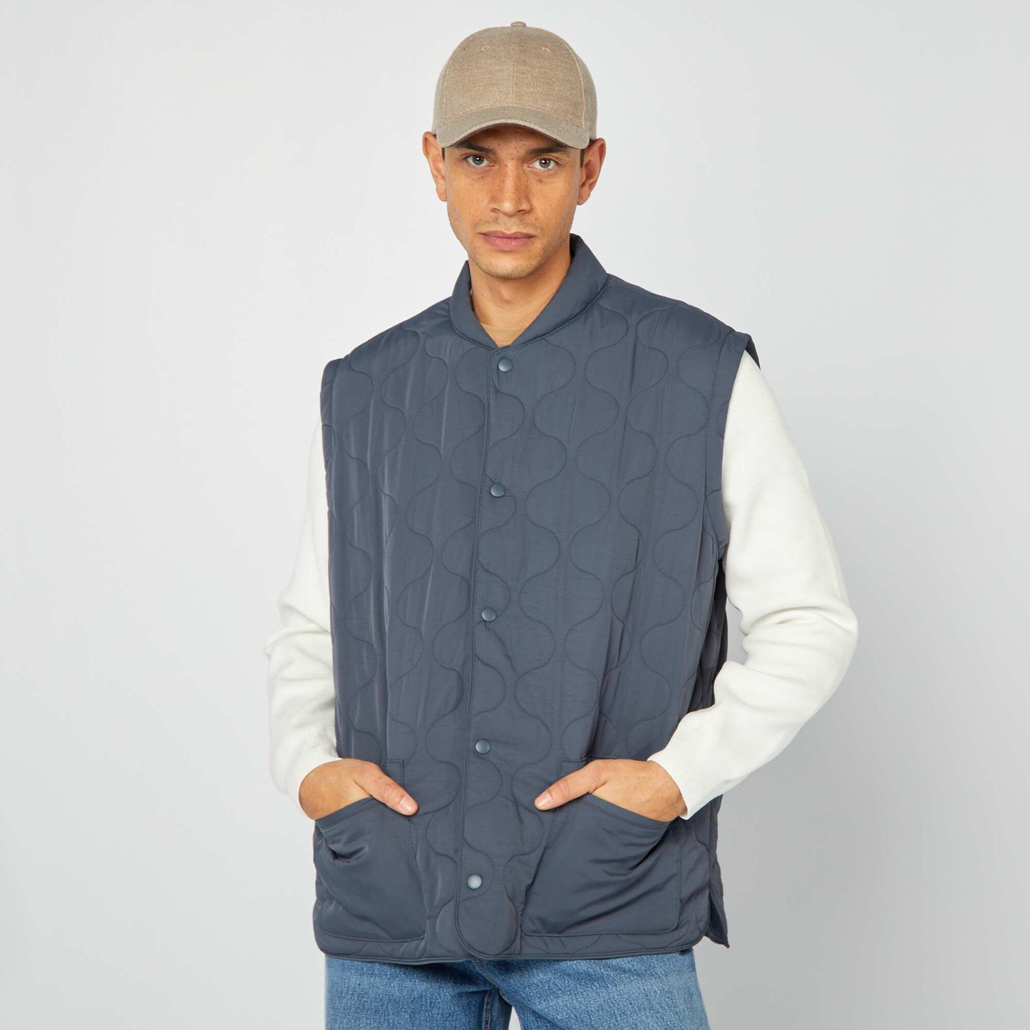 Quilted padded jacket with detachable sleeves BLUE