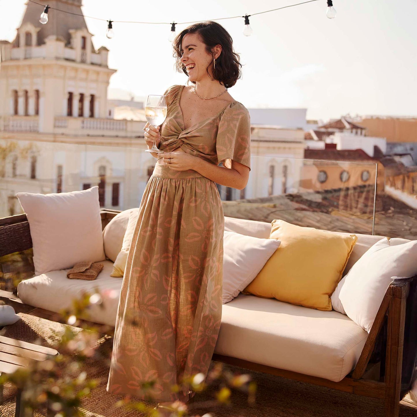 Flared long skirt with elasticated waist GREEN