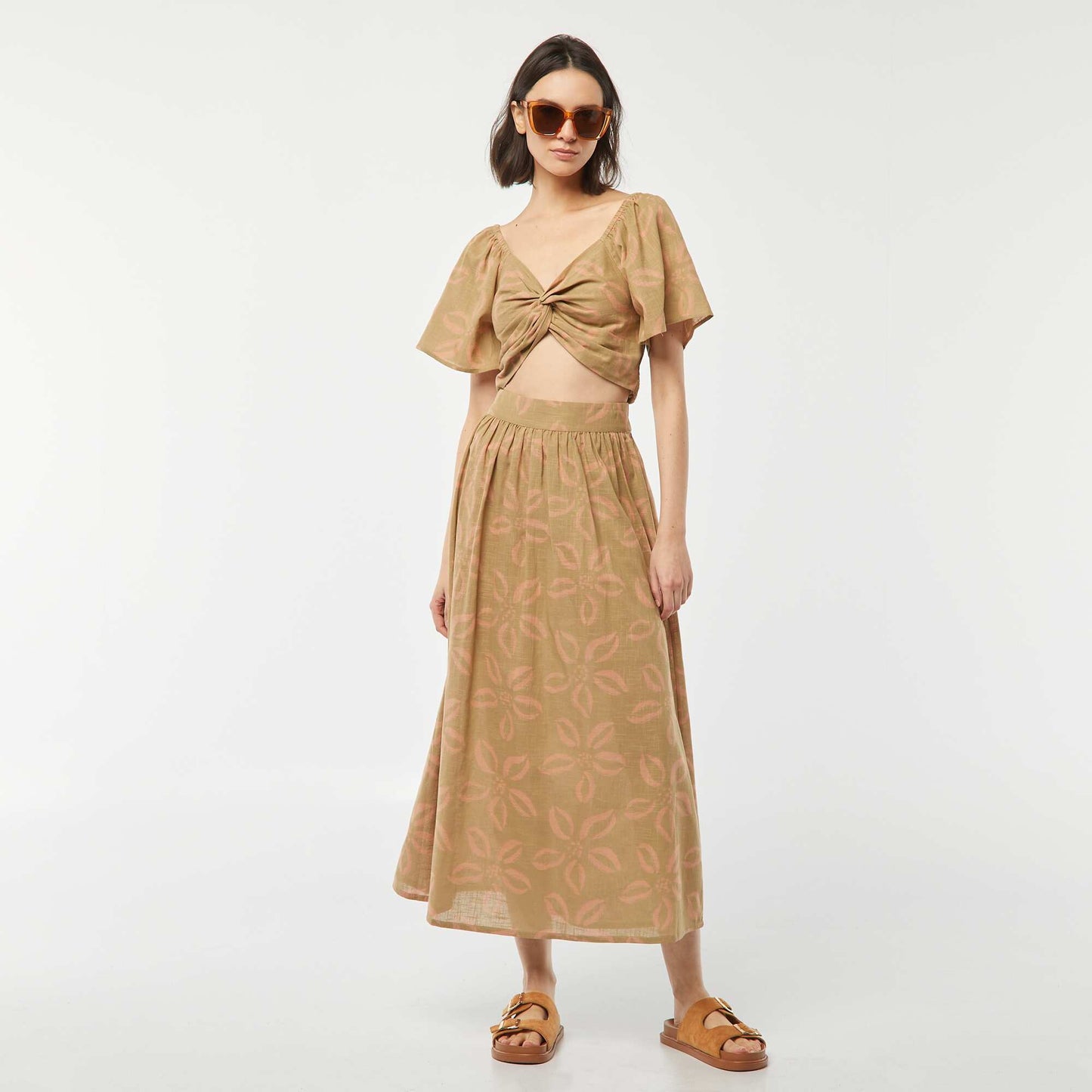 Flared long skirt with elasticated waist GREEN