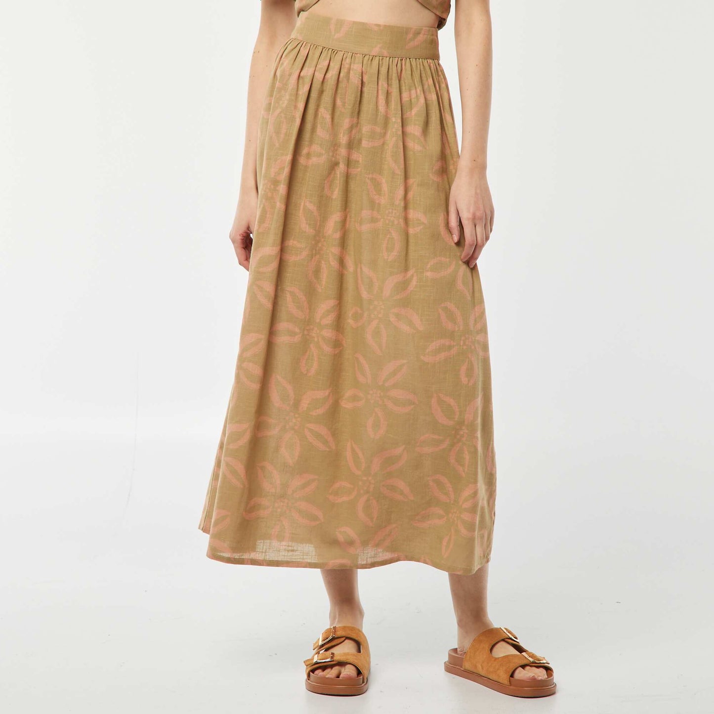 Flared long skirt with elasticated waist GREEN