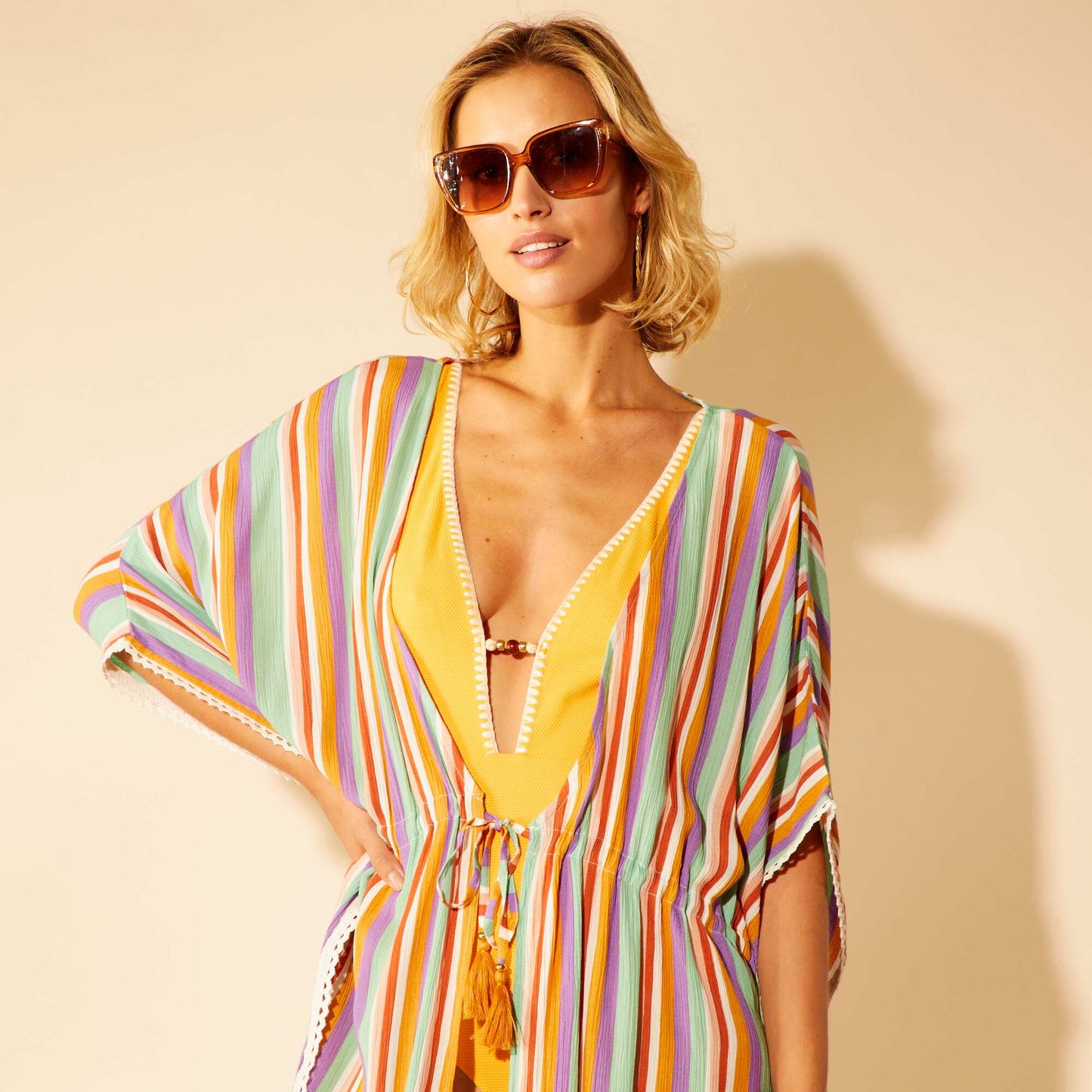 Striped kimono-style beach dress WHITE