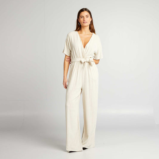 Striped jumpsuit with belt BEIGE