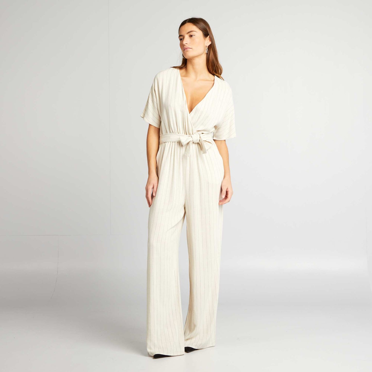 Striped jumpsuit with belt BEIGE