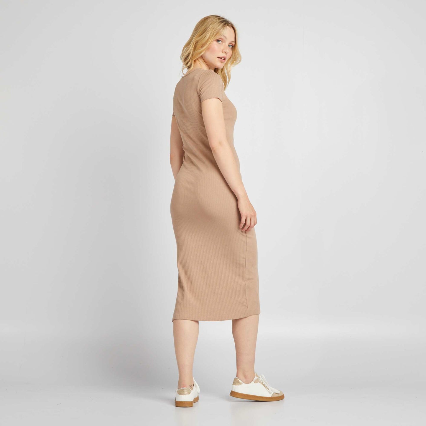 Ribbed knit midi dress BEIGE