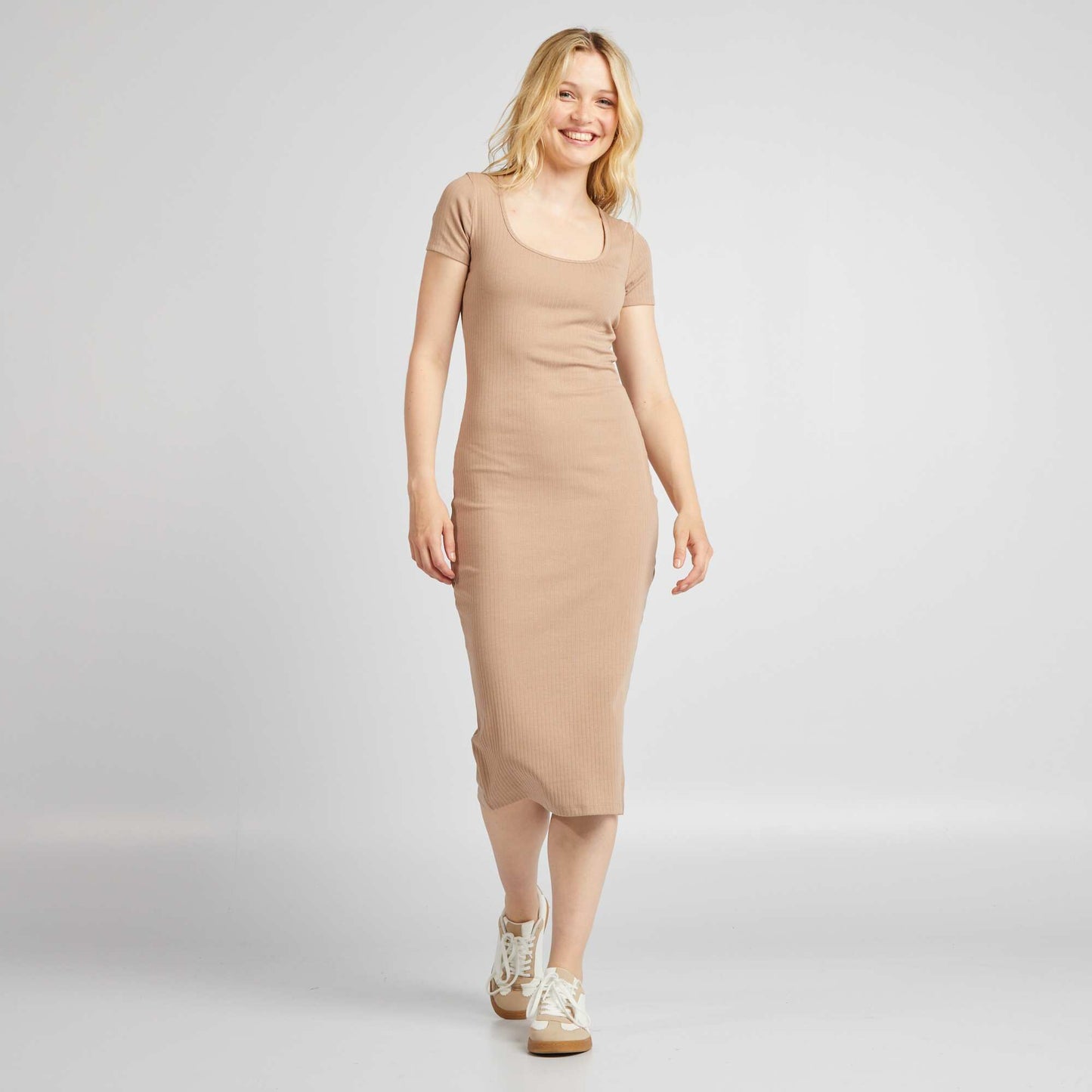 Ribbed knit midi dress BEIGE