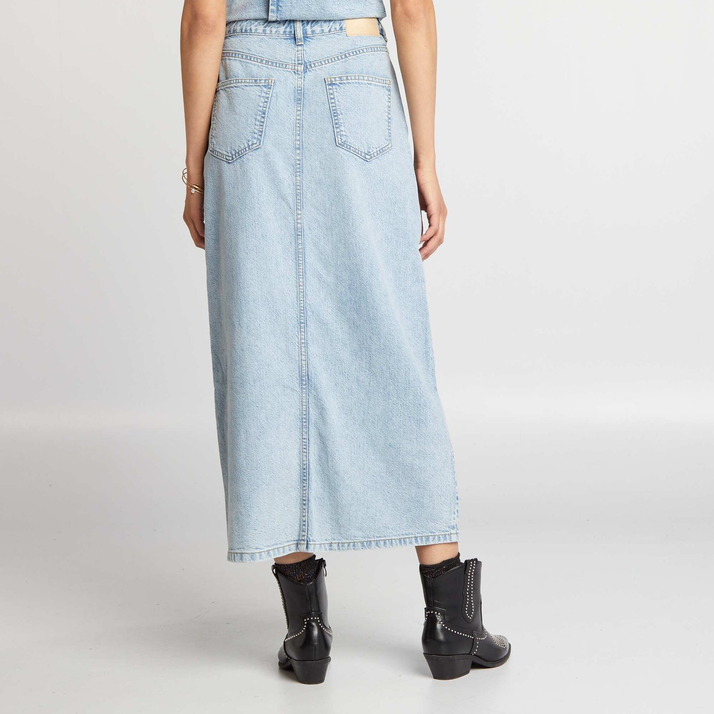 High-waisted long denim skirt BLUE