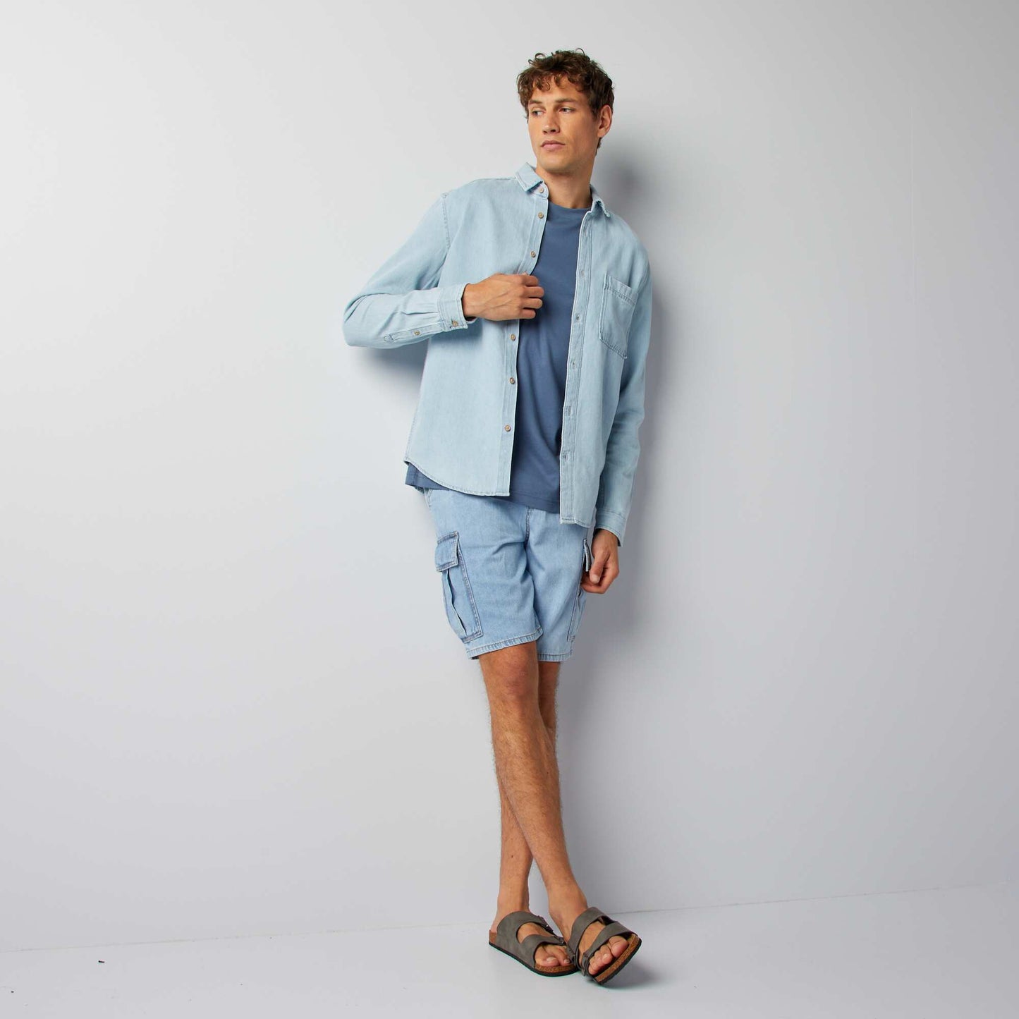 Multi-pocket cotton and hemp shorts BLUE