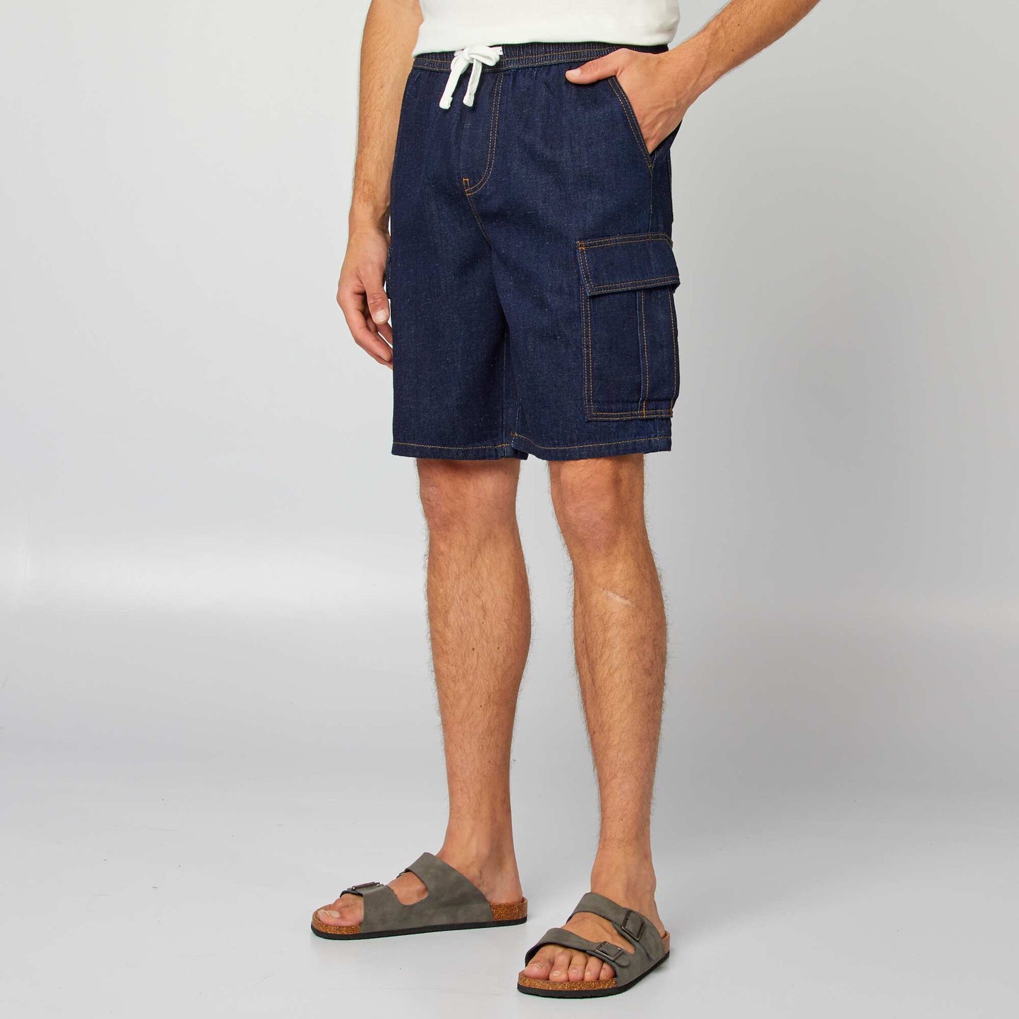 Multi-pocket cotton and hemp shorts BLUE