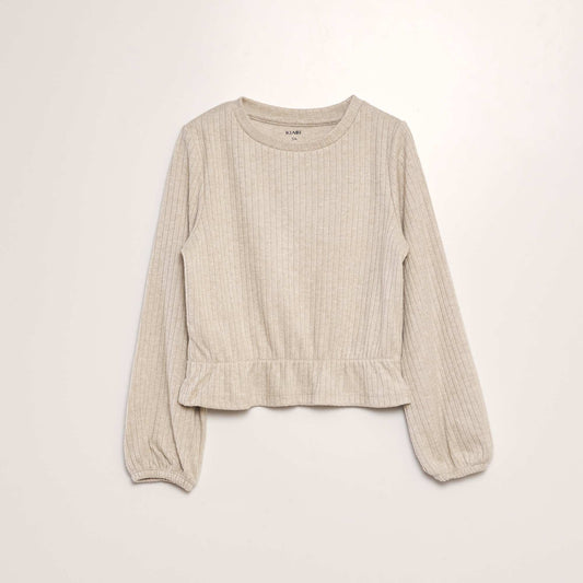 Ruffled ribbed T-shirt BEIGE