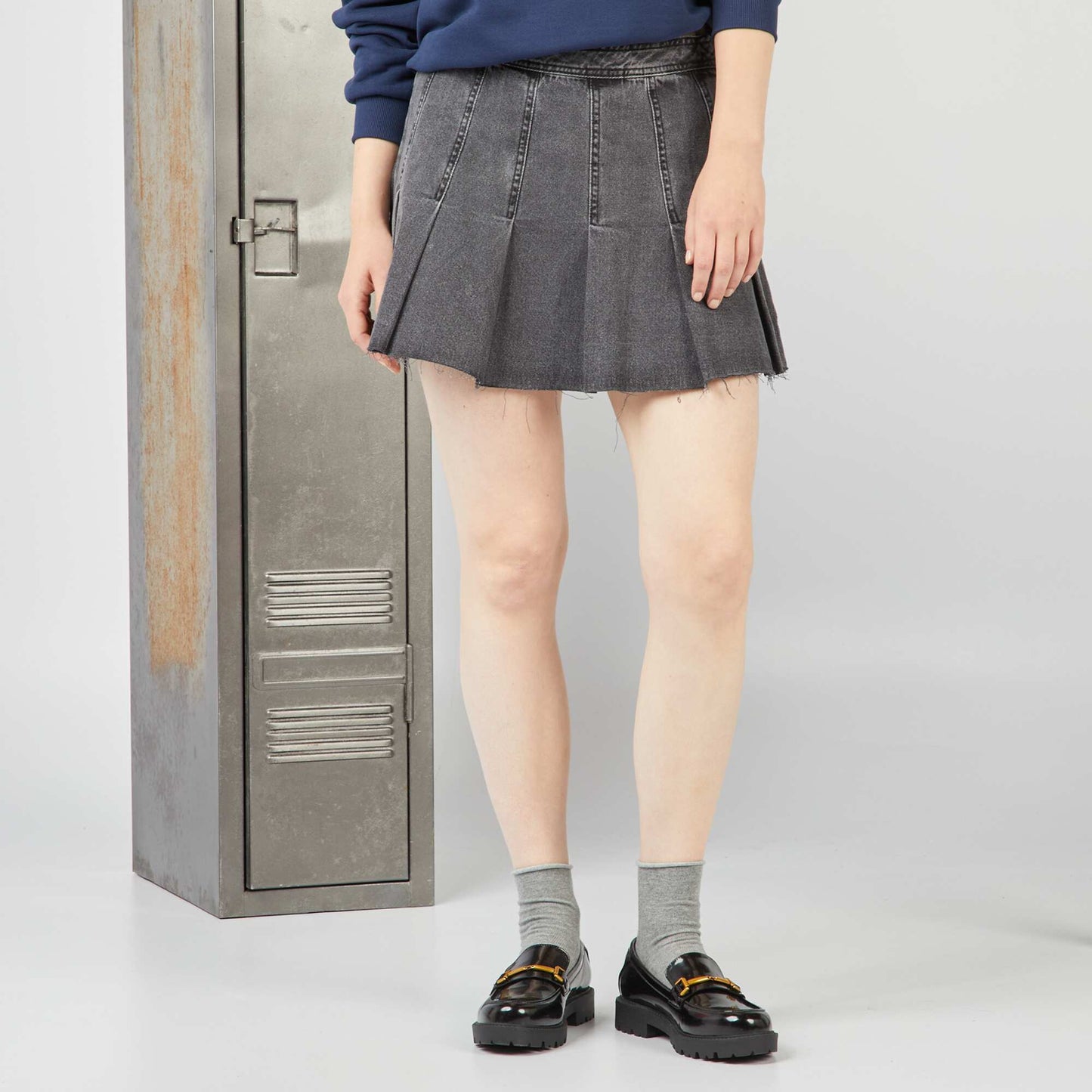 Pleated-effect denim skirt GREY