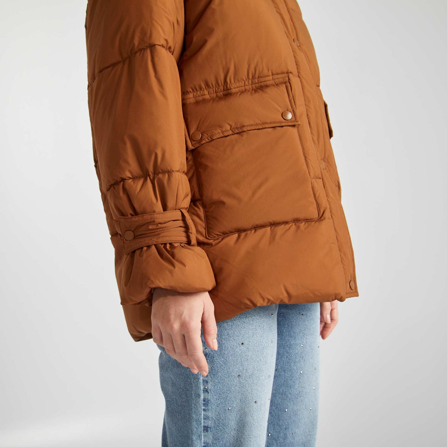 Mid-length quilted padded jacket BROWN