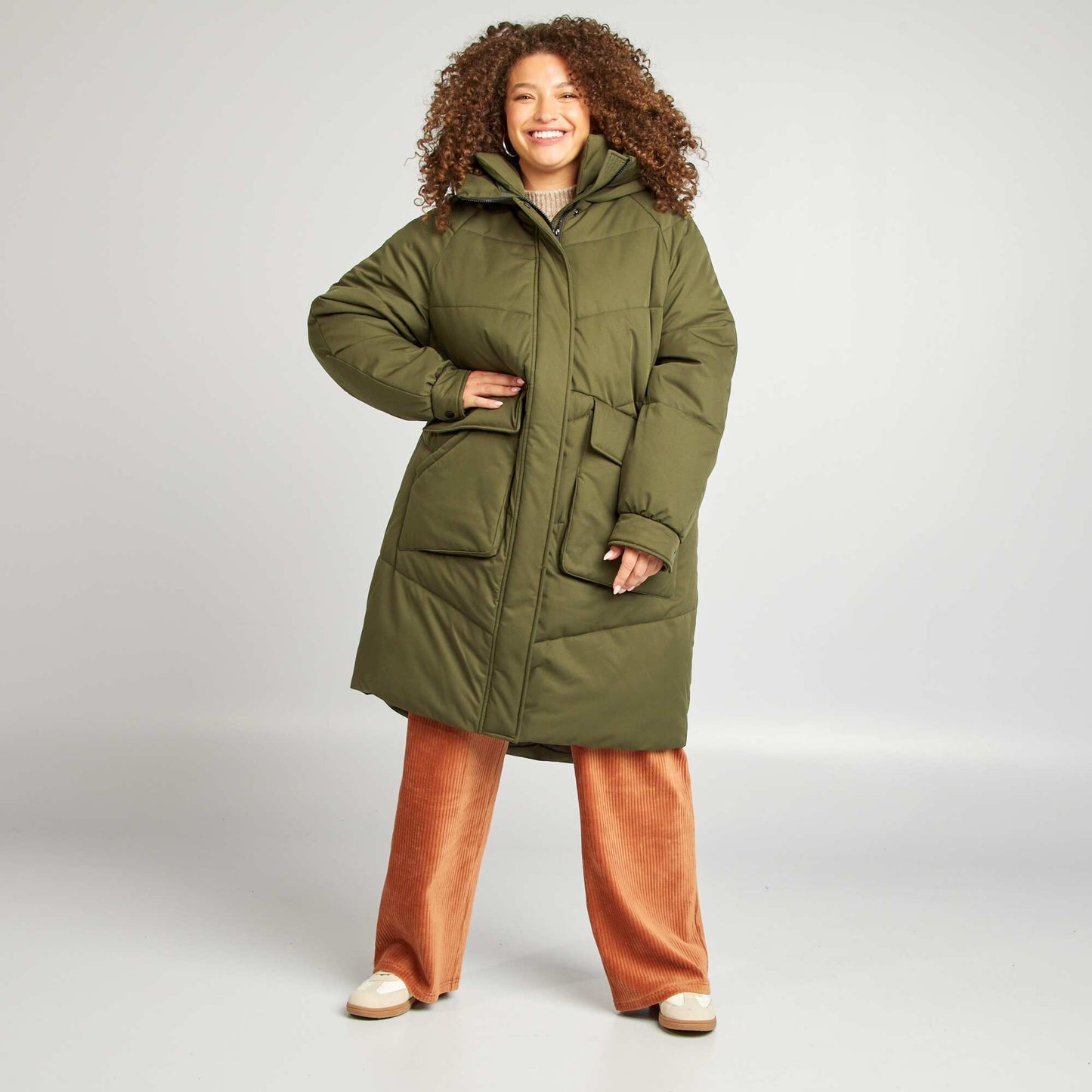 Long warm hooded padded coat KHAKI