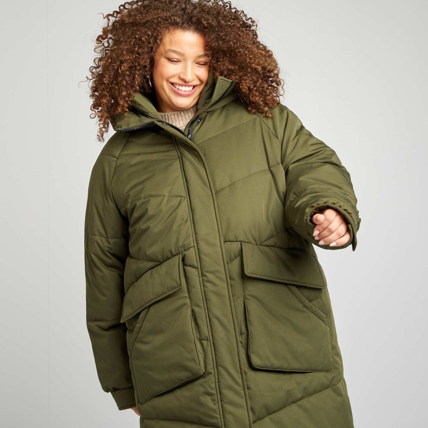 Long warm hooded padded coat KHAKI