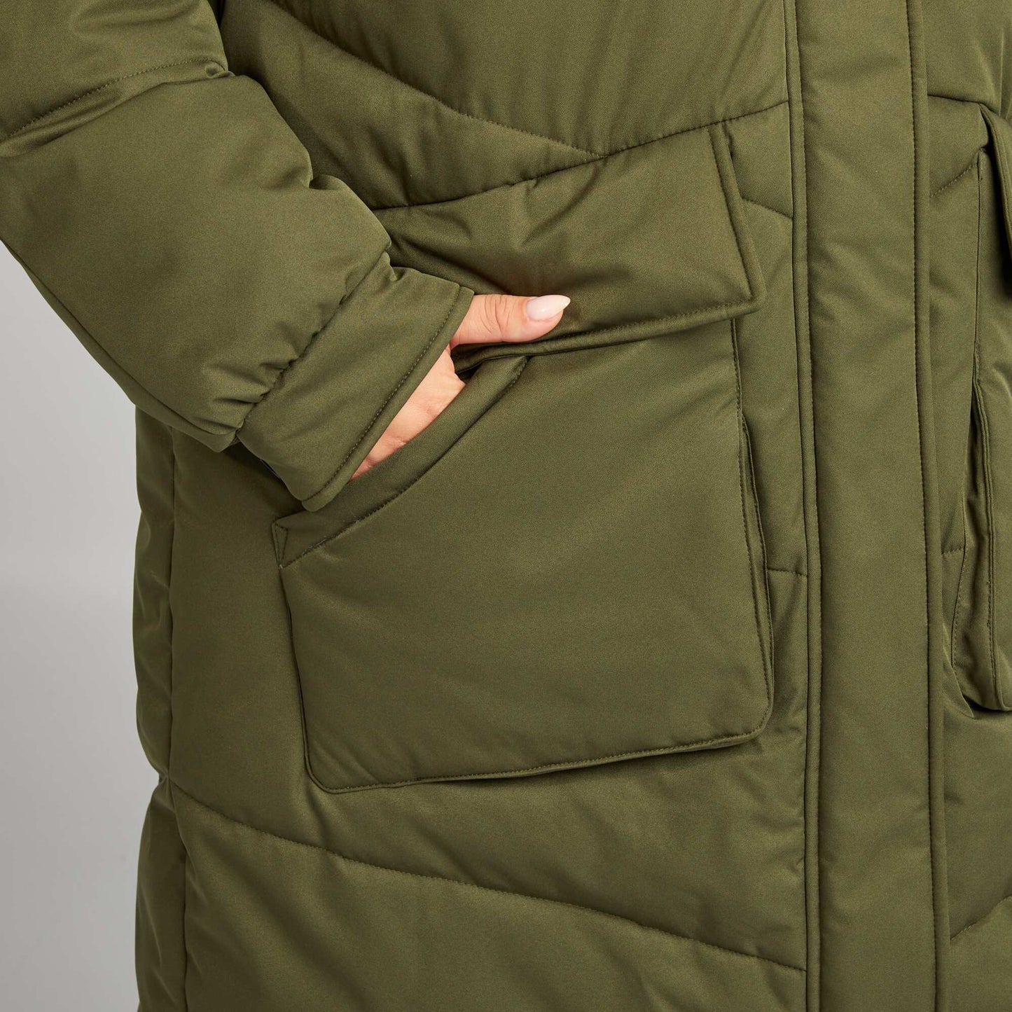 Long warm hooded padded coat KHAKI