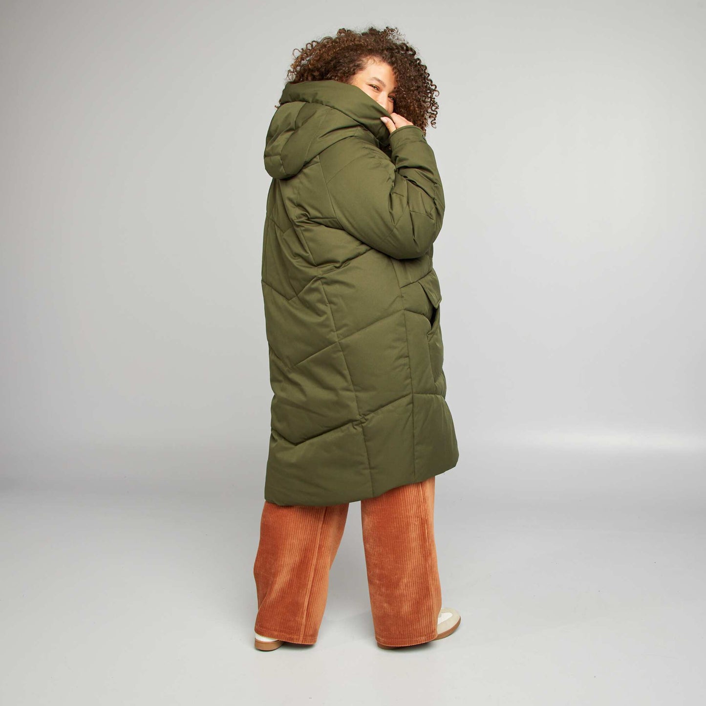 Long warm hooded padded coat KHAKI