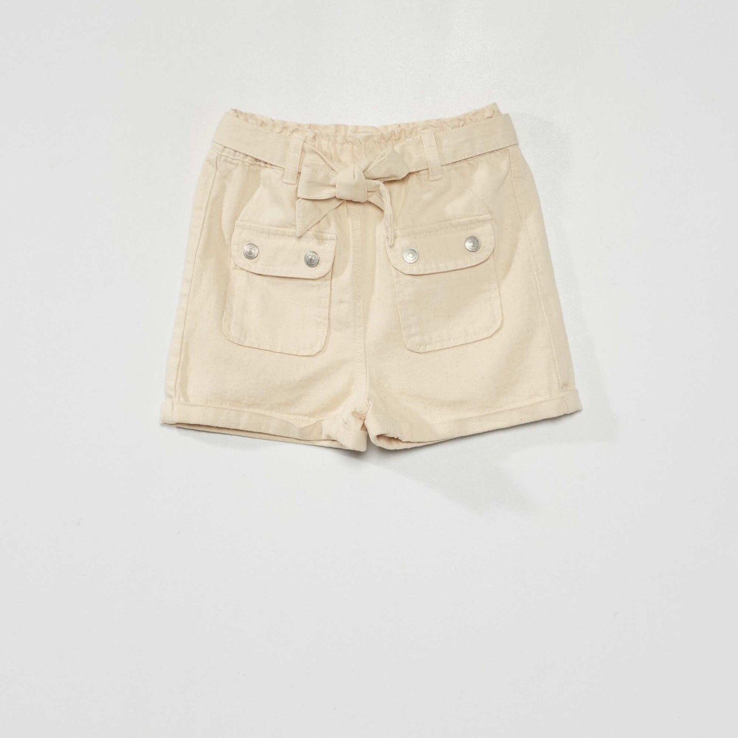 Denim paper bag shorts with tie belt BEIGE