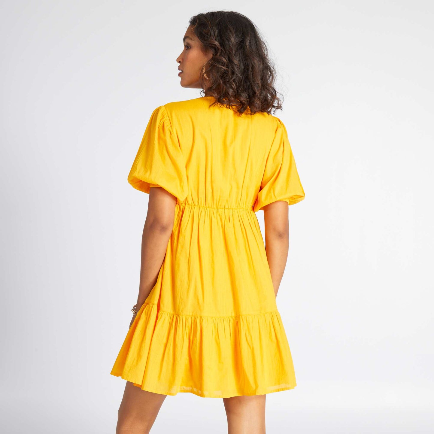 A-line ruffled cotton voile dress YELLOW