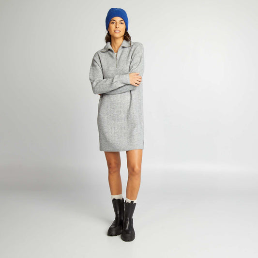 Pointelle knit jumper dress with high zipped neck GREYCHINE