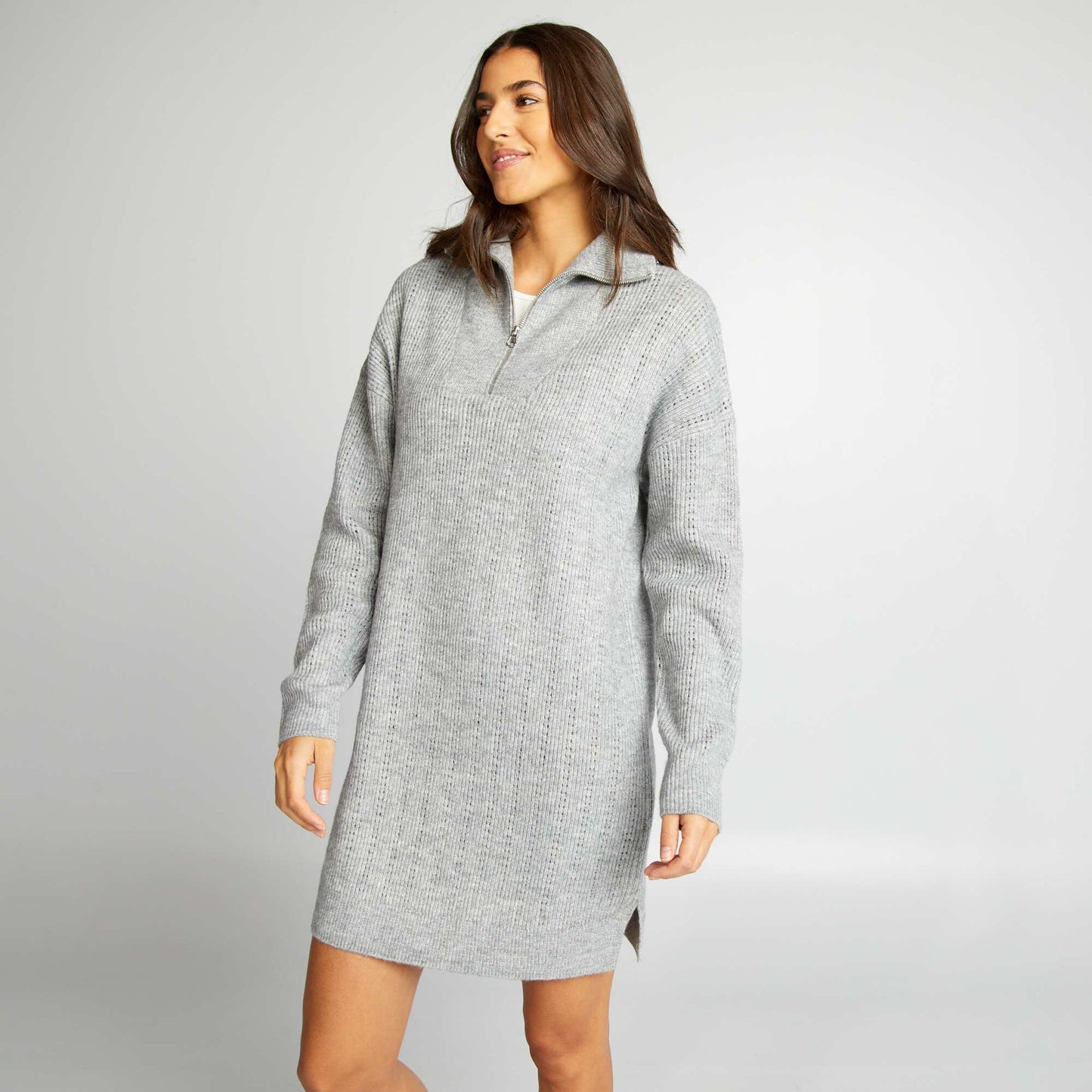 Pointelle knit jumper dress with high zipped neck GREYCHINE