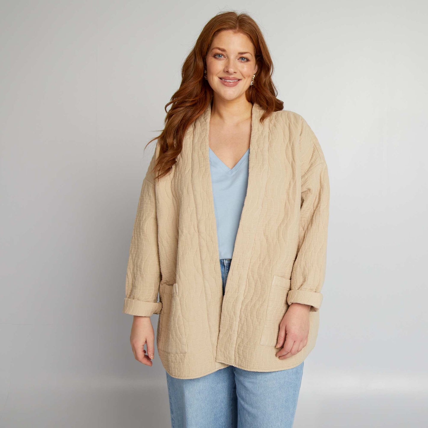 Quilted belted kimono jacket BEIGE