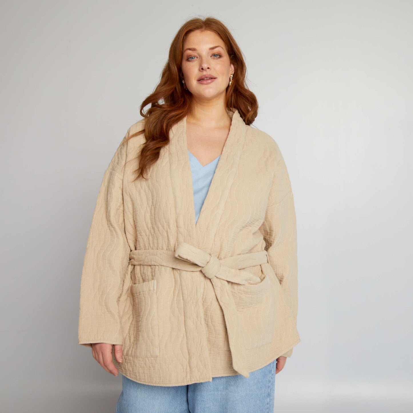 Quilted belted kimono jacket BEIGE