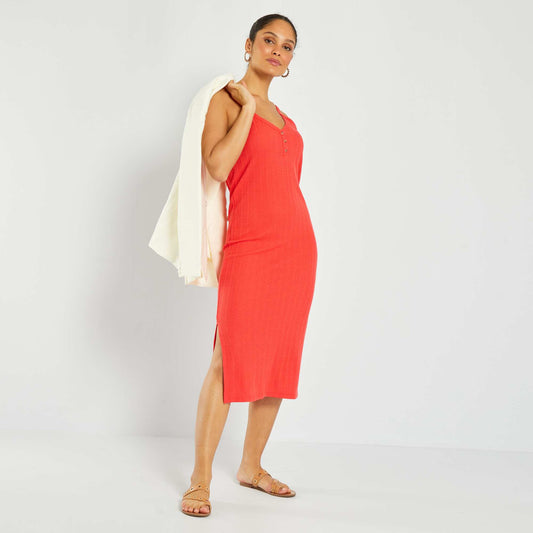 Pointelle knit midi dress red